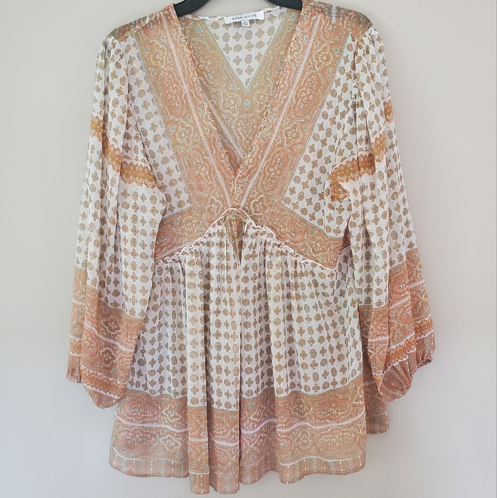 Rose + Olive Shimmer Boho Blouse Large